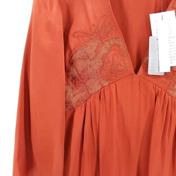 Cynthia Vincent Rust Silk Mini Dress Embroidered V-Neck Bell Sleeve NWT XS $297 - Picture 3 of 6